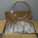 Bokon 50 Set Clear Charger Plates Bulk 13 Inch Beaded Plastic Charger Plates with Napkin Rings Acrylic Round Dinner Table Decorative Plates for Party Wedding Thanksgiving(Clear and Gold)