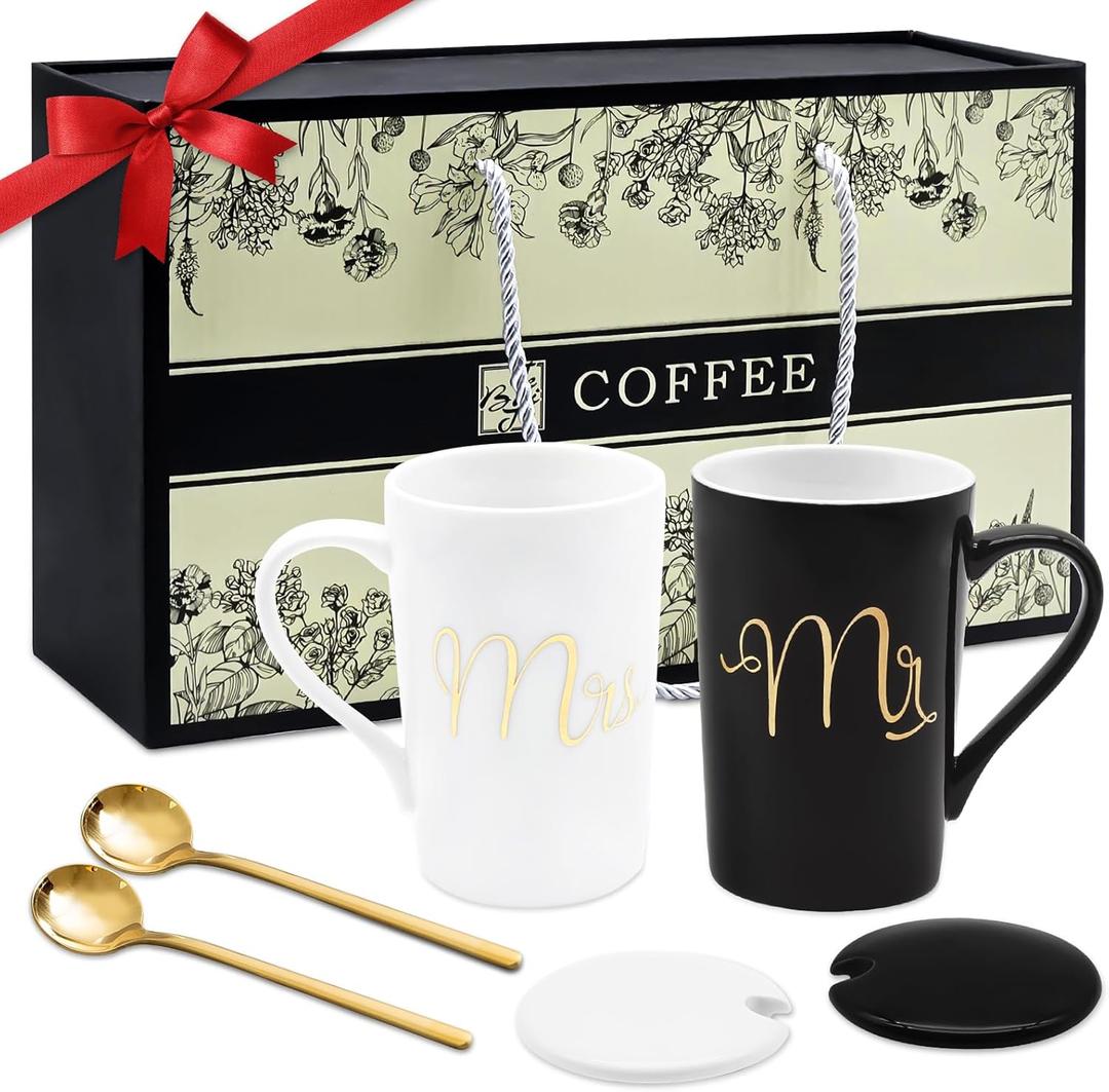 Mr and Mrs Coffee Mugs-Couple Gift for Bridal Shower Engagement Wedding and Married Couples,husband Wife,him Her,men Women,newlyweds 14 Oz Ceramic Mugs (black,white)