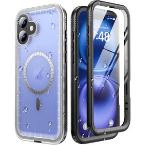 SOKUSIN Magnetic for iPhone 16 Case Waterproof - Compatible with Magsafe, Shockproof Drop Dust Proof Case with Built in Screen & Lens Protector, Full Body Rugged Cover, 6.1", Black/Frosted Clear