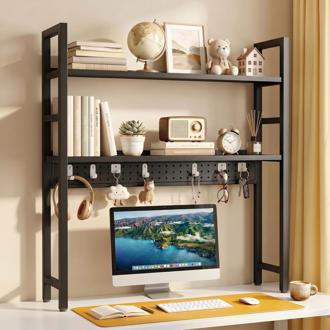 Brakki 2-Tier Desk Shelf, Desk Hutch Bookshelf with Pegboard and Hook Dorm | 30" W, Desktop Bookcase for Computer Monitor, Metal Desktop Hutch, Storage Organizer for Office, Black