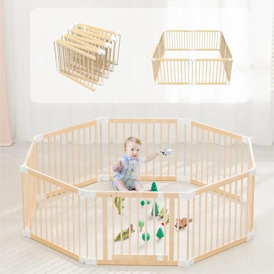 Foldable Wooden Playpen, Large Baby Gate Playpen with Door for Toddler and Babies, Safe Play Area Kids Activity Center (26" Tall, 8-Panel), New