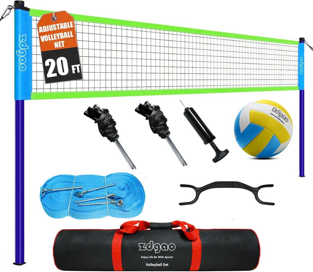 Outdoor Portable Volleyball Net System - Adjustable Height Poles with Soft Volleyball Ball, Pump, Hammer, Boundary Line, and Carry Bag for Backyard, Beach, Lawn, 20ft x 3ft