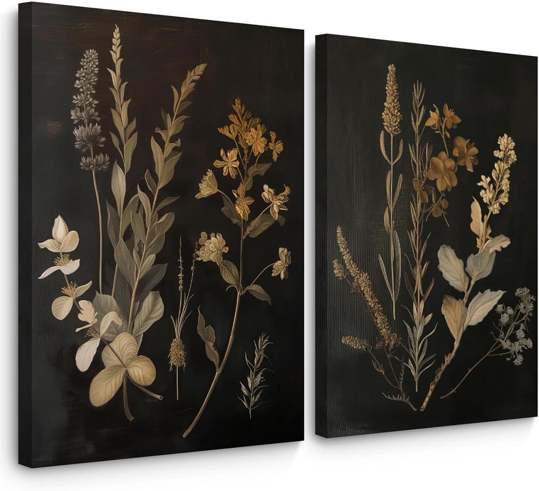 Vintage Floral Wall Art Decor Black Botanical Canvas Art Moody Flower Wall Art Dark Academia Poster Painting Vintage Floral Prints Pictures for Bedroom Living Room 24x36 Inch Frame; Set of 2