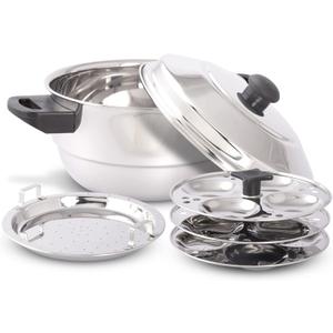 KSJONE Stainless Steel 5 pcs Multi Kadai (Induction Friendly) Idli Cooker with Stainless Steel lid, 3 idli Plates (12 Idlis), 1 patra Plate, Silver