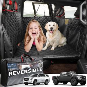 Back Seat Extender for Dogs, Waterproof Pet Car Seat Cover, XL Leather + Plush Rear Seat Protector with Hard Bottom, Non-Slip Extra Soft Dog Hammock for Cars,SUVs,Travel Bed (Black) (XL - Full-Size SUVs & Trucks)