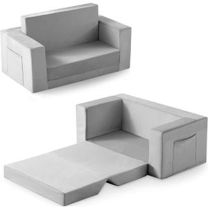 Kids Couch, 2-in-1 Toddler Chair Comfy 1-3 Years, Convertible Kids Chair, Toddler Couch That Fold Out, Kid Lounge Chairs for Boys and Girls, Soft Coral Fleece, Double, Grey (Large)