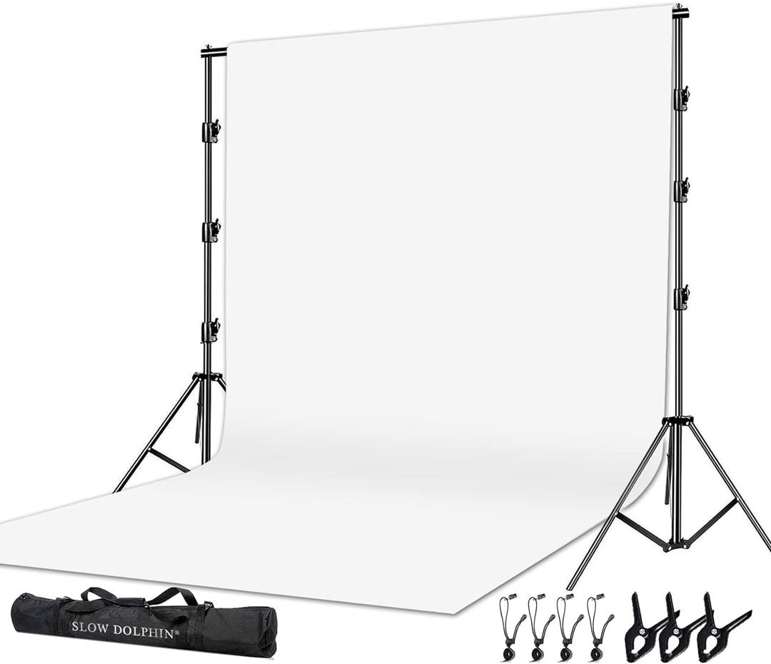 SLOW DOLPHIN Photo Video Studio 10 x12ft 100% Cotton White Muslin Backdrop with 10 x 10ft Stand Photography Background Support System Kit Clamp, Clips, Carry Bag