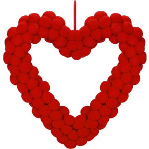 ANVAVO Wool Felt Pom Pom Wreath 13 Inch Valentine Heart Wreath Front Hanger Decoration Double-Sided Winding Felt Ball Garland for Anniversary Wedding Party Home, Red