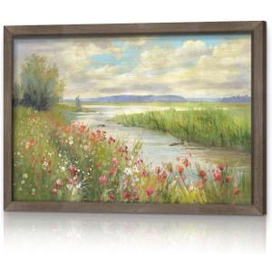 Rustic Landscape Framed Wall Art - Countryside Stream Painting Lake Scenery Picture Colorful Spring Nature Artwork Decor for Living Room (24"L x 16"W, floral)