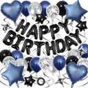 Navy Blue Birthday Decorations, 3D Foil Black Happy Birthday Balloon Banner with Star and Heart Balloons, Confetti Balloons, Hanging Swirls, for Boys Girls Men Women Party Decorations