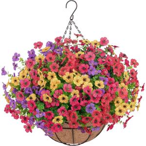 Artificial Hanging Flowers for Outdoors, UV Resistant Silk Flowers Basket Mixed Color Faux Daisy with Eucalyptus Leaves Hanging Fake Plants for Porch Balcony Patio Home Spring Summer Decoration