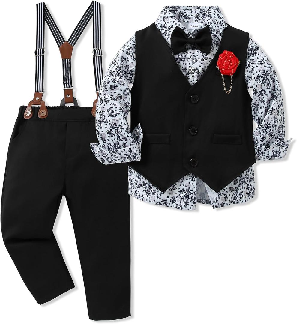 WESIDOM Toddler Boy Clothes Suit Formal Dress Shirt+Bowtie+Vest+Boutonniere+Suspender Pants Boys Gentleman Outfits Set (4-5T, Black)