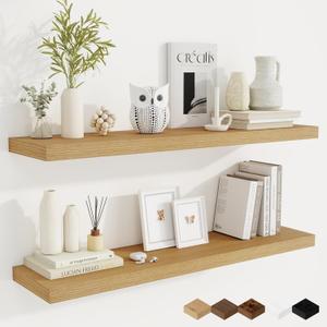 Fun Memories 40 Inch Oak Floating Shelves, 9.3 Inch Deep Wall Shelves for Living Room|Bedroom|Kitchen, Rusitc Wall Mounted Bathroom Shelves 2 Pack, Heavy-Duty Deep Shelf for BooksDecor
