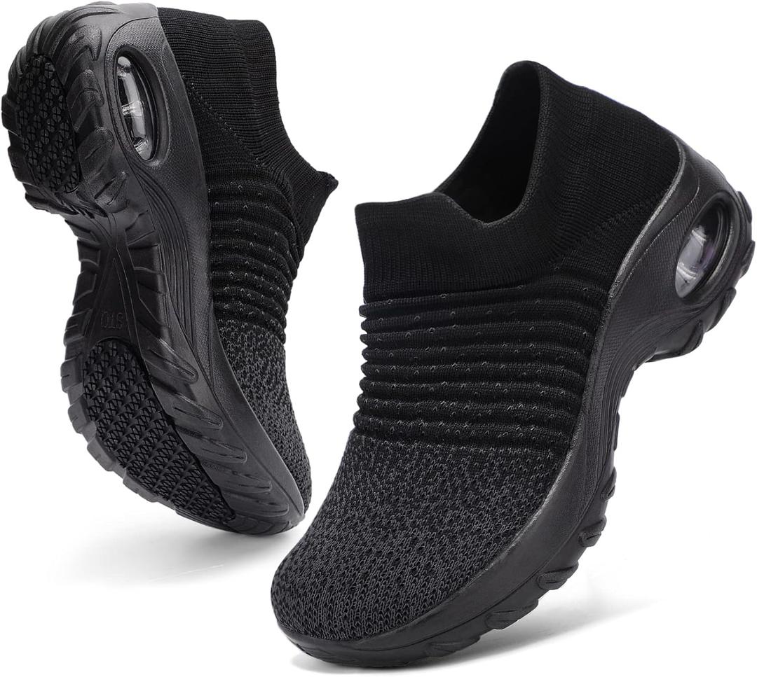 HKR Women's Walking Shoes Arch Support Non Slip Work Shoes Breathable Knit Upper Lightweight for Plantar Fasciitis (8, Black Mix)