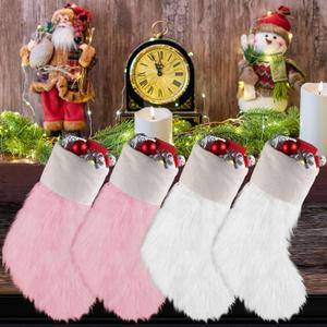 Seematn 4 Pack 20" Pink and White Christmas Stockings Plush Faux Fur Soft Stocking Lovely Hanging Xmas Ornaments Candy Gift Bags for Christmas Stairs Fireplace Hanging Xmas Home Decorations