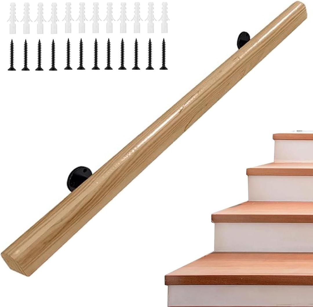 Wooden Handrails4FT Non-Slip Staircase HandrailComplete Kit with Metal BracketSafety Anti-Slip Wall Stair Rail for Indoor Elderly Childrenfor Bars Lofts Kindergarten Guardrail Corridor (Brown)