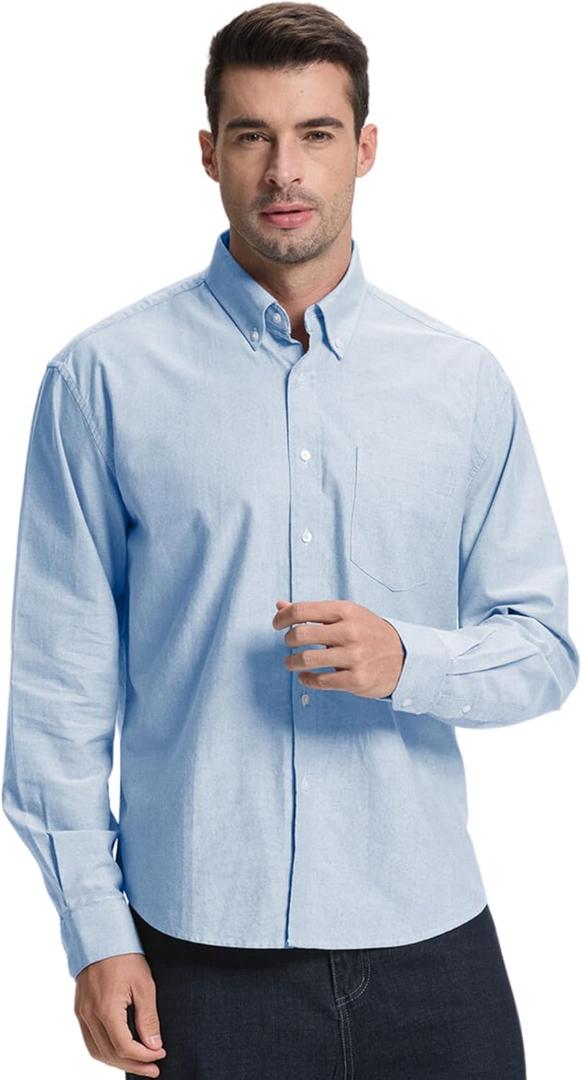 Men's Oxford Shirt Long Sleeve Untucked Casual Button Down Shirt with Pocket (Large, Light Blue)