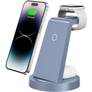 3 in 1 Charging Station for iPhone, Wireless Charger for iPhone 17 16e 16 15 14 13 12 11 X Pro Max & Apple Watch - Charging Stand Dock for AirPods (Blue)