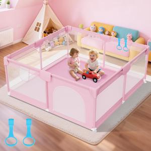 Large Baby Playpen 64" X 64" - Safety Baby Playpen Playard for Babies and Toddlers with Gate - Sturdy Play Yard Indoor & Outdoor Kids Activity Play Center with Anti-Slip Suckers,Pink