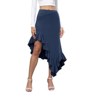 Yousify Womens Ruffle Midi Skirts Casual High Waisted Flowy Swing Boho Handkerchief Hemline Stretchy Asymmetrical Skirt L