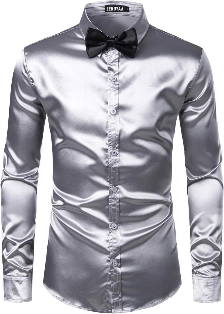 ZEROYAA Men's Luxury Shiny Silk Like Satin Button Up Dress Shirts (Silver, XL)