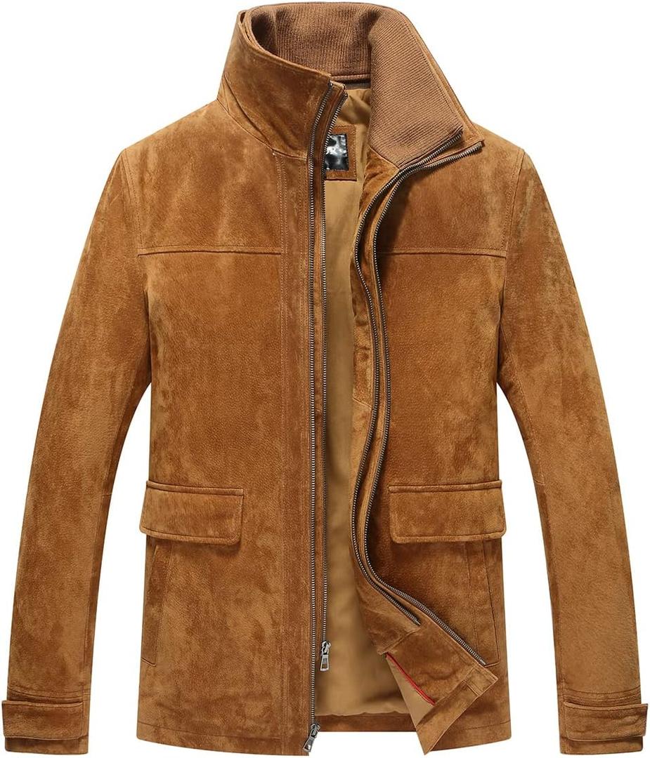 FLAVOR Men's Classic Leather Jacket Suede Winter Coat with Removable Collar (X-Large, Brown)