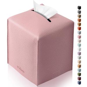 Tissue Box Cover for PU Leather, Modern Simple Solid Color Holder Square Tissue Bag, Ideal for Bathrooms,Office,Car,Nightstand,Outdoor Tent,Dining Table,5"X5"X5", Single Pink