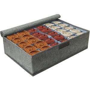 PINGMIC Gray Sock Organizer Divider 1 Pack with Lid - 30 Cell Foldable Closet Storage, Tie Organizer For Men Boxes for Socks, Ties, Belts