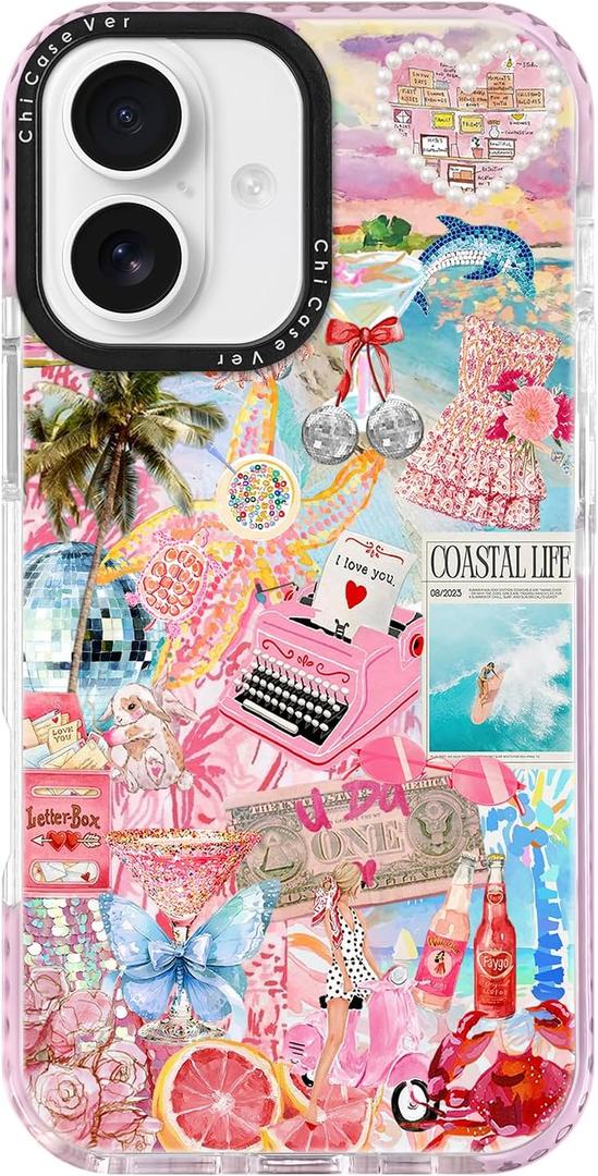 for iPhone 16 Plus Case, Coastal Life Pattern with Tropical Collage, Military-Grade Drop Protection, Trendy Soft Slim TPU Protective Cover with Camera Protection for WomenGirls (PinkSummer)