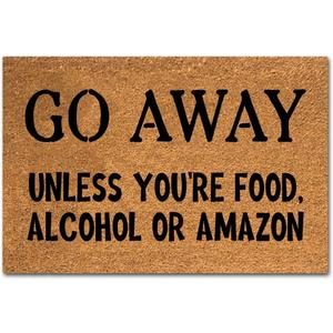 Funny Coir Doormat Go Away Unless You're Food Alcohol or Amazon Welcome Front Porch Decor Doormats For The Entrance Way Personalized Rugs Heavy-Duty PVC Back Non Slip Outdoor Mat 23.6 x 15.7 inch, Small