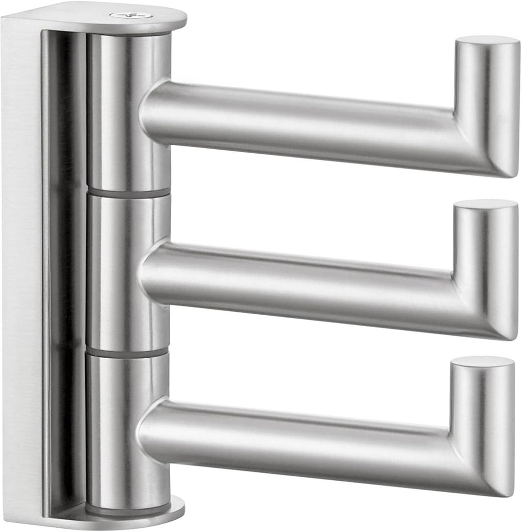Angle Simple Swivel Towel Hook 3 Arms, SUS304 Stainless Steel Foldable Robe Towel Hook for Bathroom, Wall Coat Holder, Brushed Nickel (1 Pack)