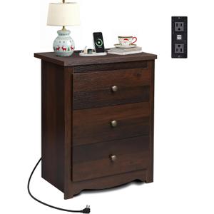 WLIVE Tall Nightstand with Charging Station, Wood Night Stand with 3 Drawers Storage, Bedside Table End Side Tables with 2 USB Ports and Outlets for Bedroom, Closet, Espresso
