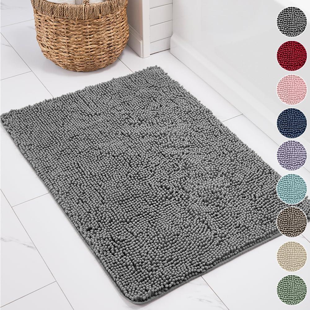 KANGAROO Bathroom Rugs, Chenille Soft Absorbent Bath Rug, Shaggy Shower Mat, Quick Dry Machine Wash Bathmat, Plush Carpet Mats for Tub, Bathtub and Room Home Decor Accessories, 24x17, Gray (Grey)