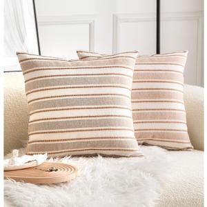 Decorative Boho Throw Pillow Covers, Farmhouse Textured Pillow Case, 18 x 18 Inch Set of 2, Chair Sofa Bedroom Living Room Home Decor Couch Cushion Case, Brown and Beige Striped