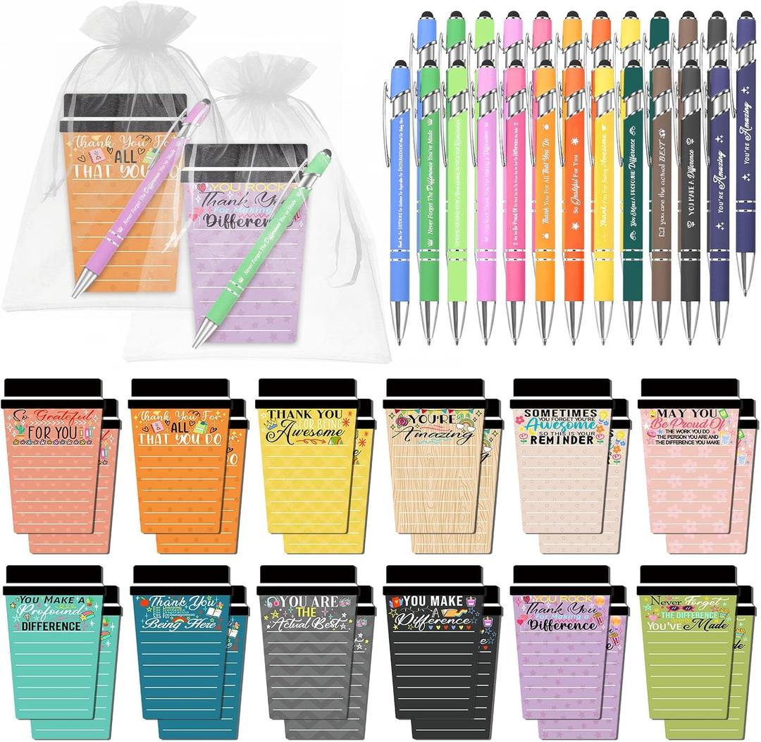 24 Sets Employee Appreciation Gifts Bulk Coffee Cup Sticky Notes with Inspirational Pens, Funny Notepads Motivational Ballpoint Pen Thank You Gifts for Coworker Teacher Nurse Office Supplies