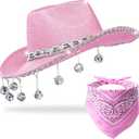 Pink Disco Cowgirl Hat with Bandana,Glitter Rhinestone Disco Ball Cowboy Hat for Women Men Costume Cosplay