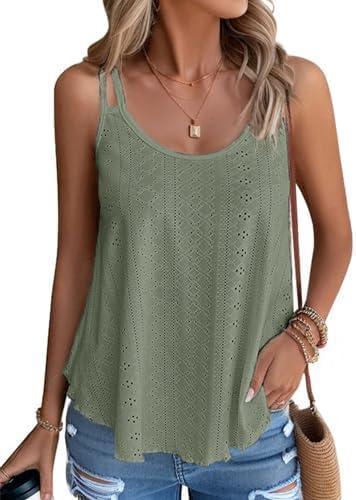 Eachrise Womens Tank Tops Summer Sleeveless Casual Spaghetti Strap Blouses Eyelet Embroidery Loose Fit Tunic Shirts.2XL