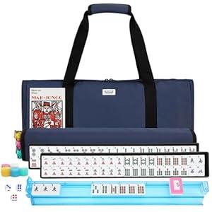 Suncle American Mahjong Tile Set, 166 White Tiles Complete Mahjong Kit with Blue Carring Bag, 4 All-in-One Rack/ Pushers 2 Mahjong Tile Tray with Lids, American Mahjong Set with Blue Carrying Bag
