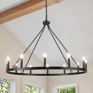 Wagon Wheel Chandelier 12 Light 38" Large Black Farmhouse Chandelier for Dining Room Rustic Country Pendant Light Fixtures Hanging Modern Round Chandeliers for Living Room High Ceilings Foyer Entryway