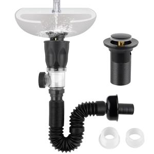 iFealClear Bathroom Sink Drain Kit, Flexible P-Trap Drain Pipe with Pop Up Stopper, Expandable Bathroom Sink Pipe Replacement with 2 Adapters, Fits 1-1/4'', 1-1/2'', 2" Holes, Hair Catcher, Black