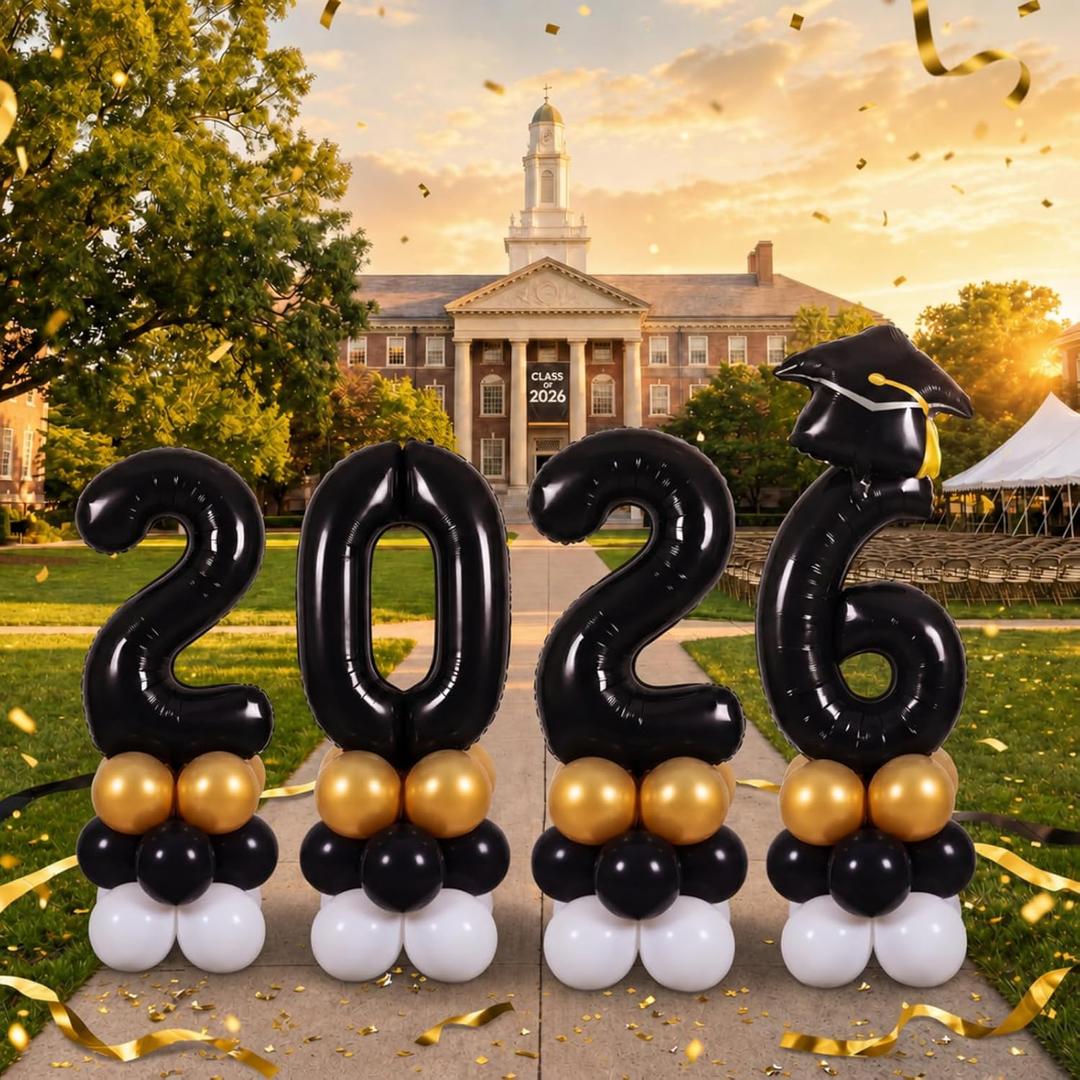 4 Sets 5 ft Graduation 2026 Balloons Column Stand Kit Jumbo Black 2026 Grad Cap Balloon Tower Pillar with Reusable Metal Telescopic Design for Class of 2026 High School College Graduation Party