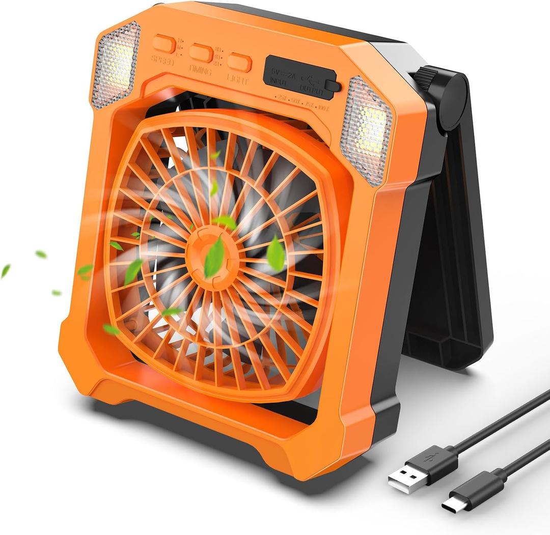 Camping Fan Battery Powered & Solar Powered, Portable Solar Fan 10000mAh Rechargeable Outdoor Fans with Light, Quiet Cordless Fans for Tent, RV, Emergency, Hiking, Power Outage, Desk, Survival Kit