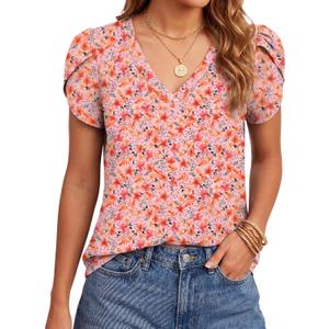 KIFOVEN Women’s Summer Tops Short Sleeve V Neck Floral Tee Loose Fit Tunic T Shirt Blouse (S)