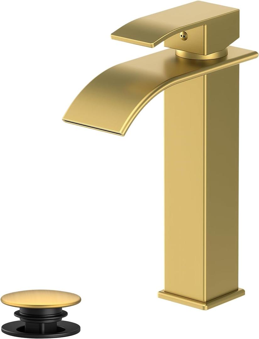 Rywuanku Tall Brushed Gold Bathroom Faucet Waterfall Spout, Single Handle Sink Faucet with Pop-up Drain & Deck Plate, Modern 1 Hole Vanity Faucet for Vessel Sink