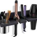 Hair Tool Organizer Wall Mounted - Wooden Dryer Holder, Blow Dryer Holder for Bathroom, Rustic Styling Tools Organizer for Flat Iron, Curling Wand, Hair Straighteners, Brushes, Black