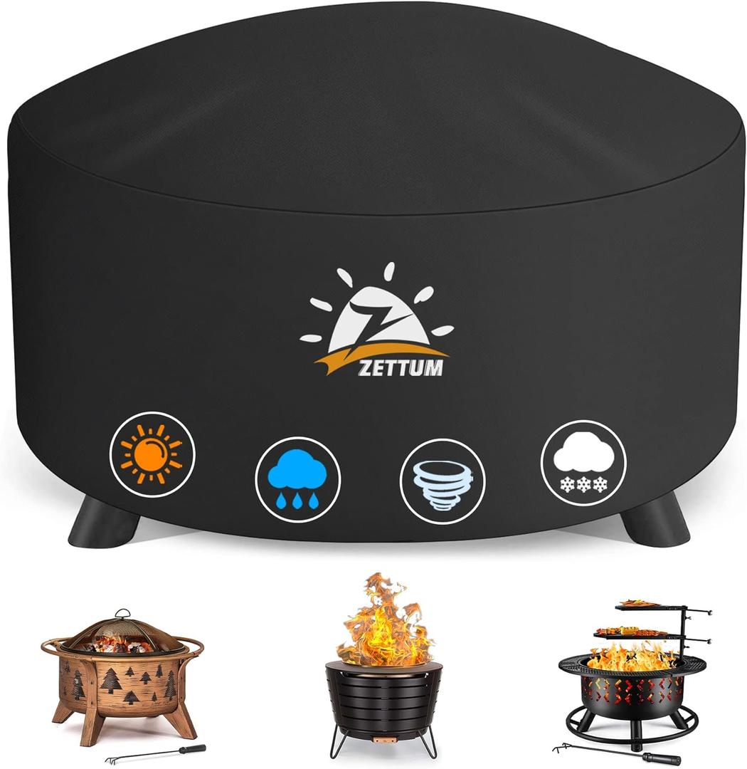 Zettum Fire Pit Cover Round 50 Inch - Outdoor Firepit Cover Heavy Duty & Waterproof, 600D Patio Fire Table Cover Large Gas Fire Pit Accessories Fade & Weather Resistant - 50 x 50 x 24 Inch