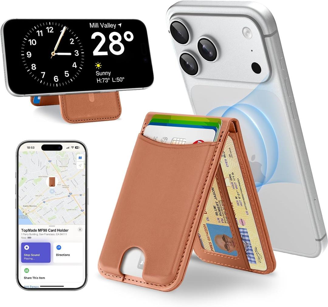 TopMade for MagSafe Wallet, Works with Apple Find My, Strongest Magnetic Wallet with Stand, 6 Card Holder, RFID Blocking, Magnetic Card Holder for iPhone 17/16/15/14/13/12 Series, Rechargeable, Brown