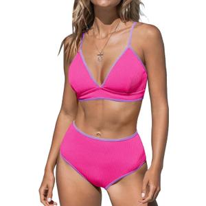 Fisoew Womens High Waisted Bikini Sets Triangle Ribbed Color Block Two Piece Swimsuit Sexy High Cut Bathing Suit (Large, Pink)
