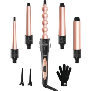 5 in 1 Curling Wand Set: Ohuhu Curling Iron Wand 5Pcs 0.35 to 1.25 Inch Interchangeable Ceramic Barrel Heat Protective Glove 2 Clips Dual Voltage Hair Curler Women Rose Gold