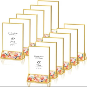 PPHSisy 5x7 Acrylic Sign Holder Gold Picture Frame Plastic Stands for Display Double Sided Clear Paper Holder Ideal for Table Top Wedding Sign Table Numbers Flyer Holder QR Code, 12 Packs